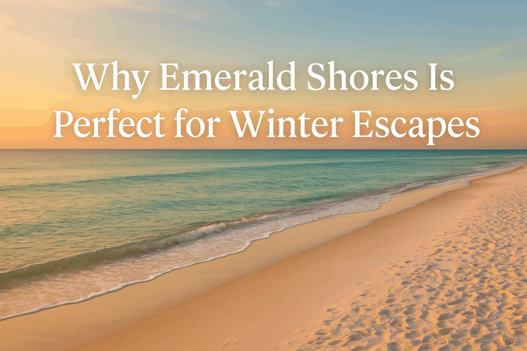 Emerald Shores beach in Destin, Florida during winter with golden sunlight, gentle emerald waves, and smooth white sand under a pastel sky.