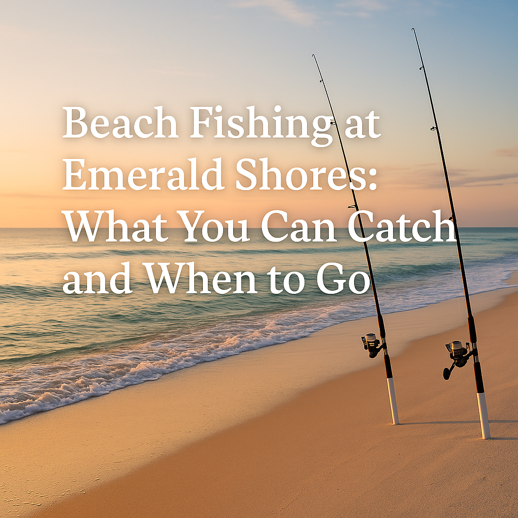 ChatGPT Image Nov 11, 2025, 02_44_10 PM - Emerald Shores Rentals Early morning at Emerald Shores beach in Destin, Florida, with two fishing rods planted in soft white sand under a golden sunrise and calm turquoise waves.